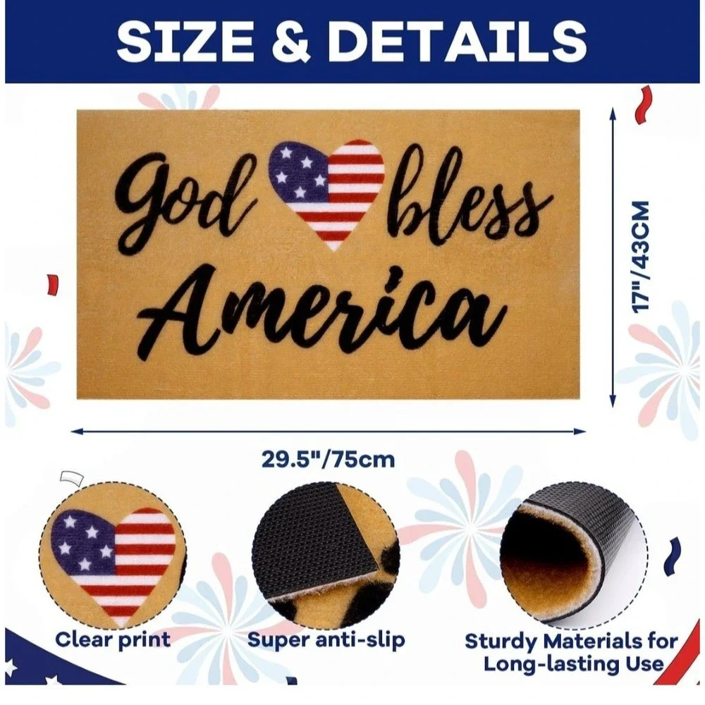 Gid Bless America Patriotic Doormat Non-Slip Rubber Mat for Indoor Outdoor Home